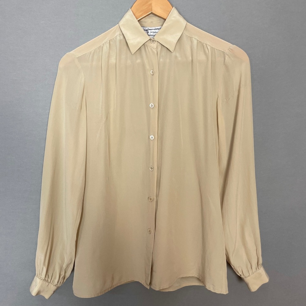 Vintage Nordstrom Silk Blouse Cream Women Button-Up Long Sleeve Top Hong Kong